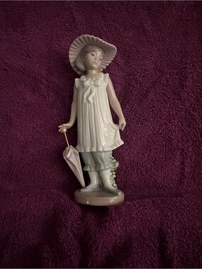 Lladro Nao Porcelain Girl Figurine in White with Pale Pink Umbrella